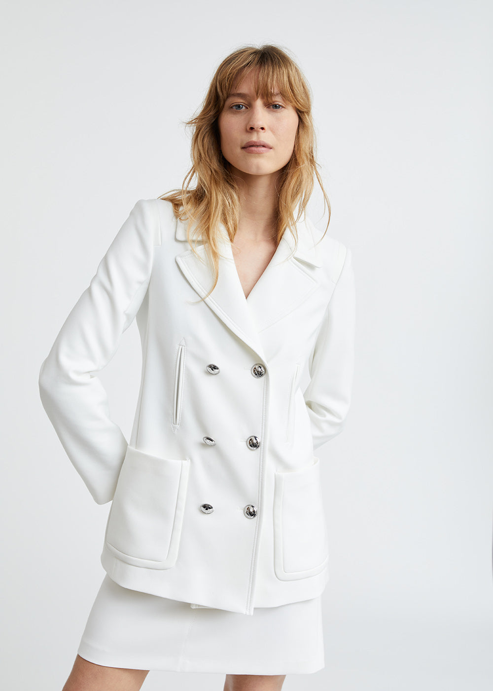 Caban croisé blanc détails en cuir écologique