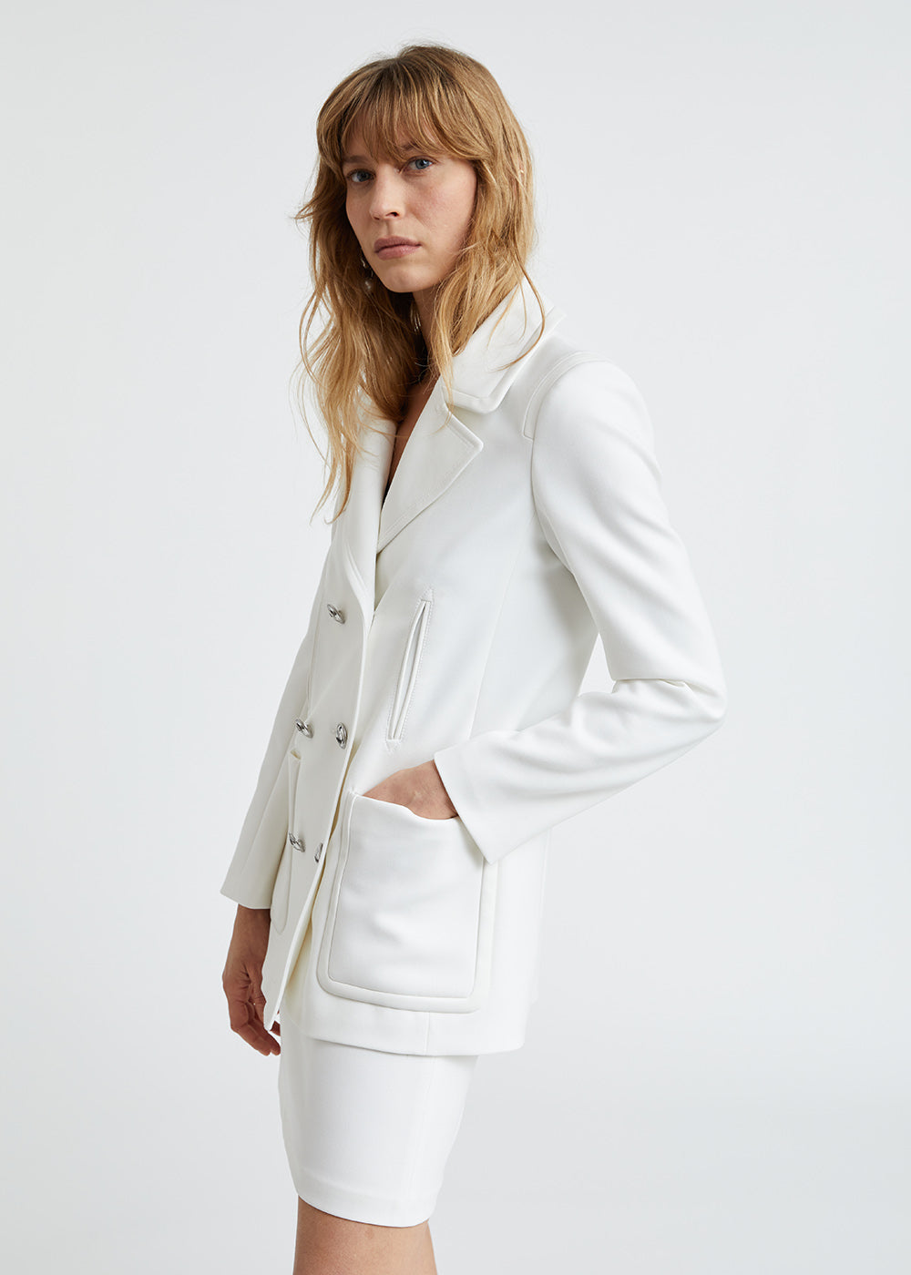 Caban croisé blanc détails en cuir écologique