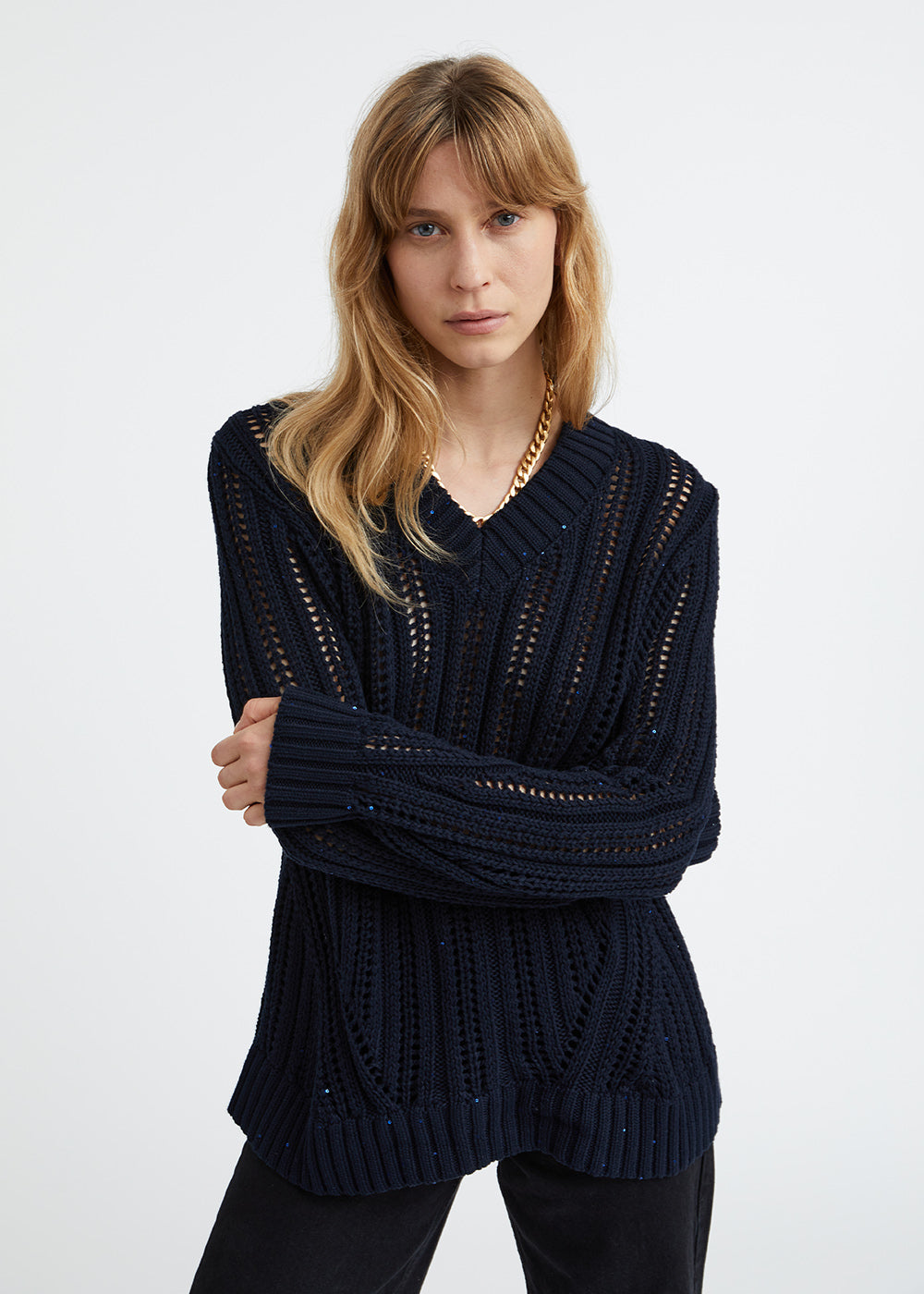 Pull marine en coton ajouré