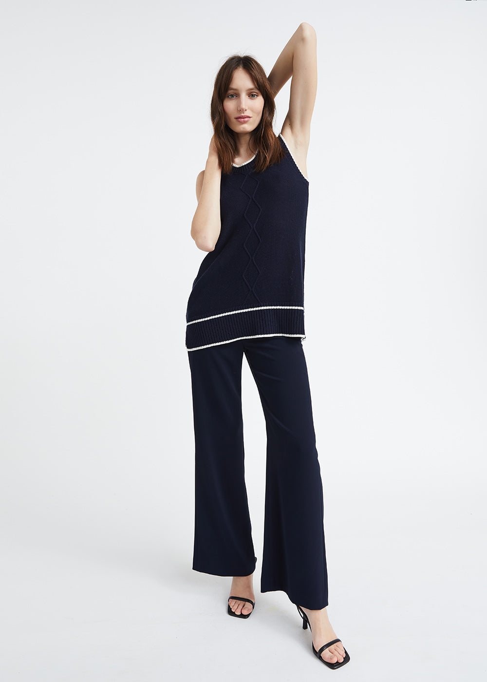 Pull marine sans manches en soie et coton