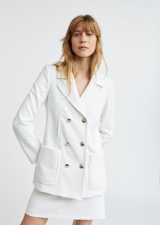 White double-breasted pea coat with eco-leather details