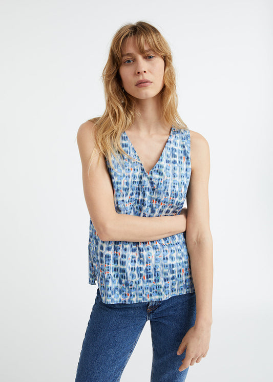 Top col v en coton imprimé tacheté bleu