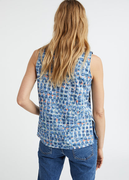 Top col v en coton imprimé tacheté bleu