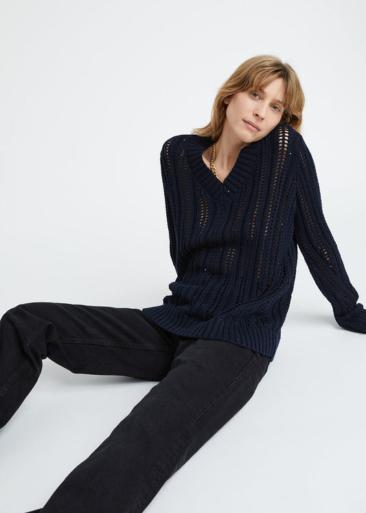 Navy openwork cotton sweater