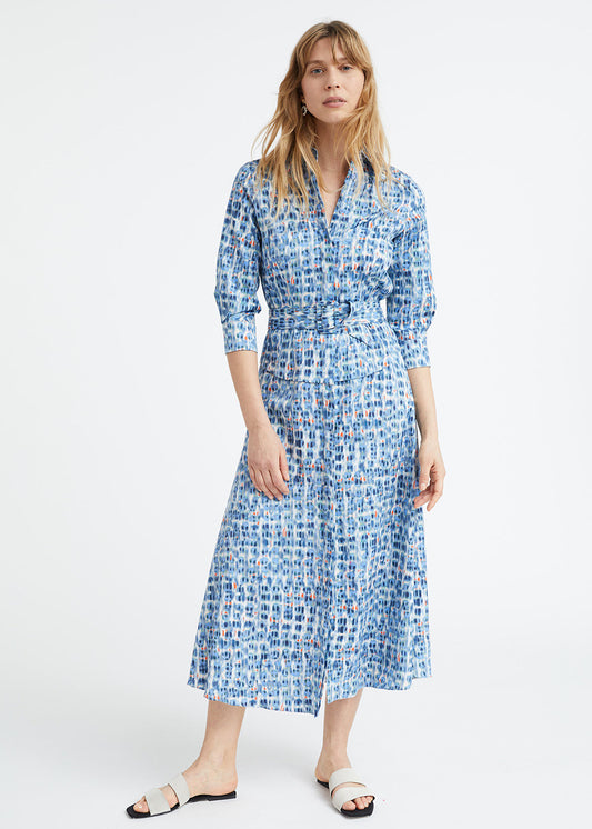 Blue spotted printed cotton shirt dress