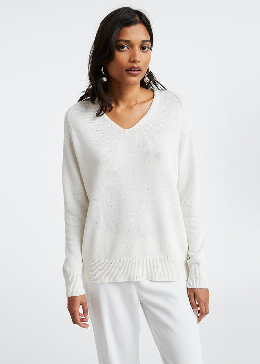 Pull ample blanc col v à sequins