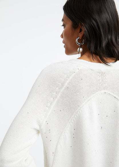 Pull ample blanc col v à sequins