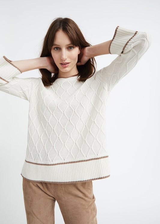 White silk and cotton boat neck sweater