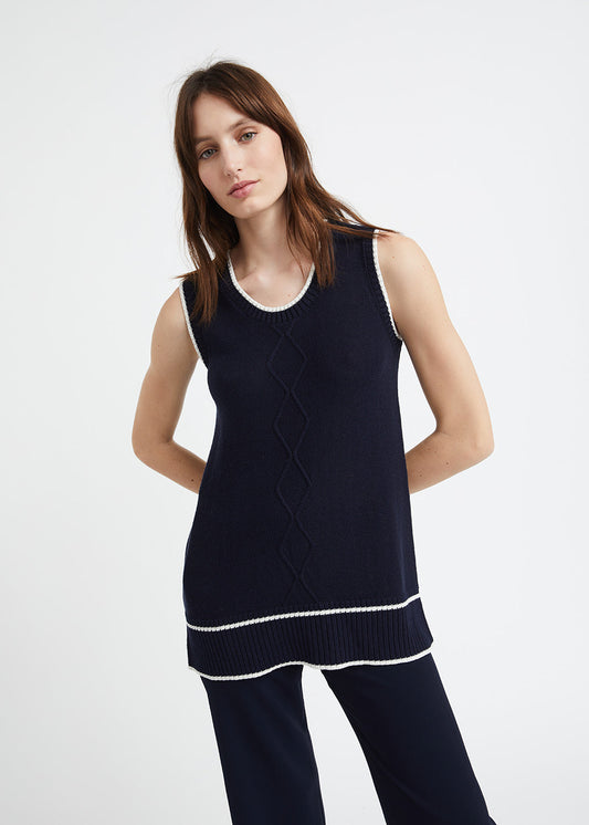 Sleeveless navy silk and cotton sweater