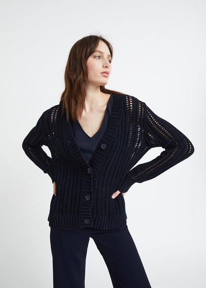 Navy openwork cotton cardigan