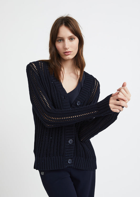 Cardigan marine en coton ajouré