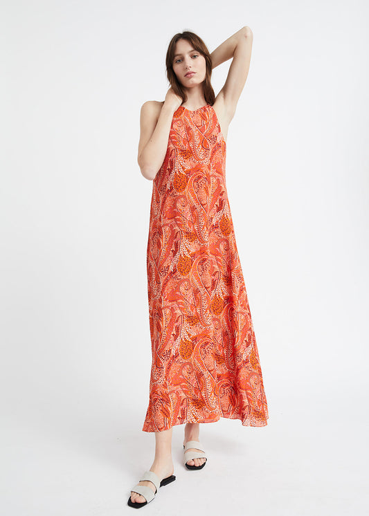 Orange Paisley Print Maxi Dress