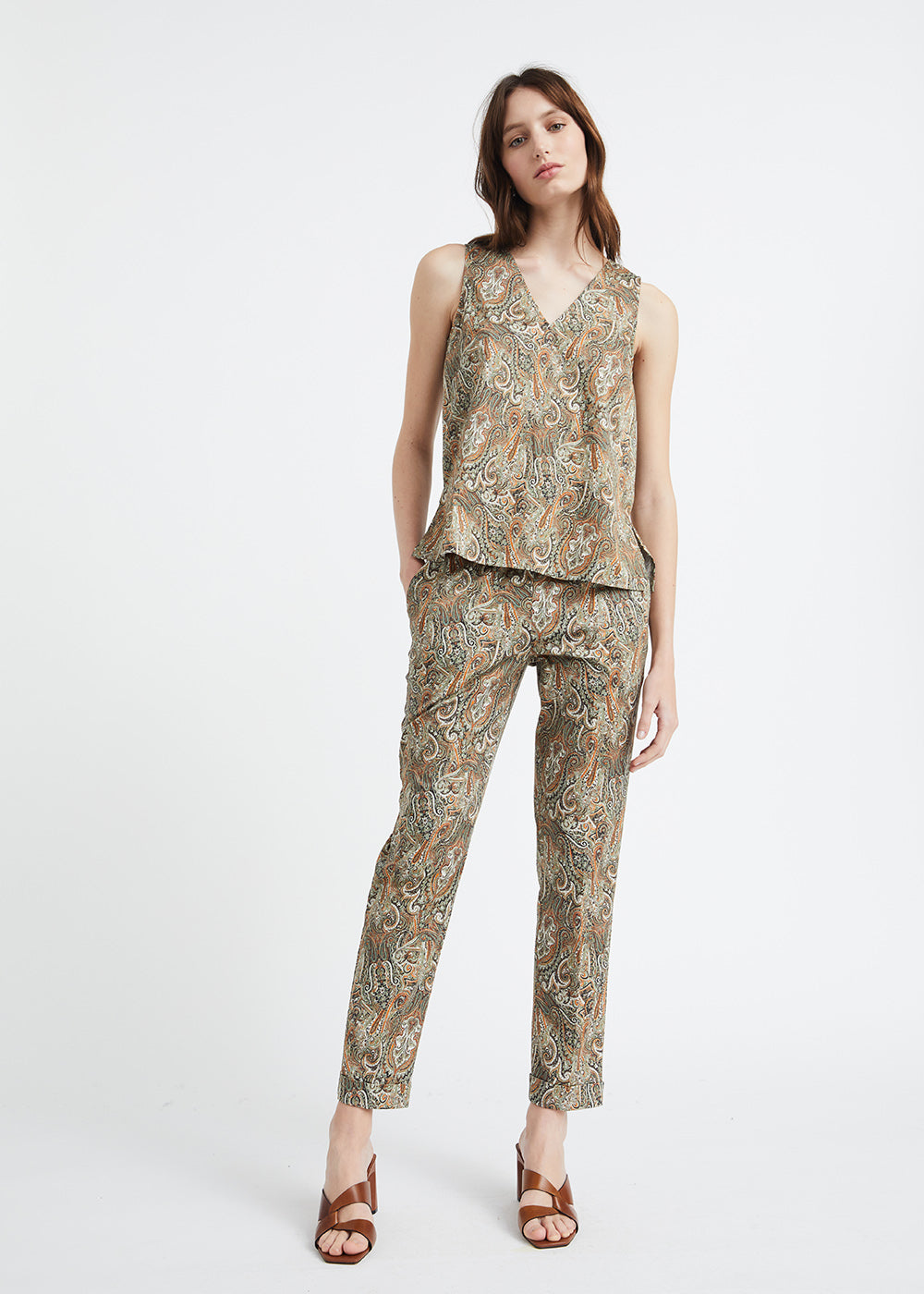 Top en coton imprimé cachemire kaki
