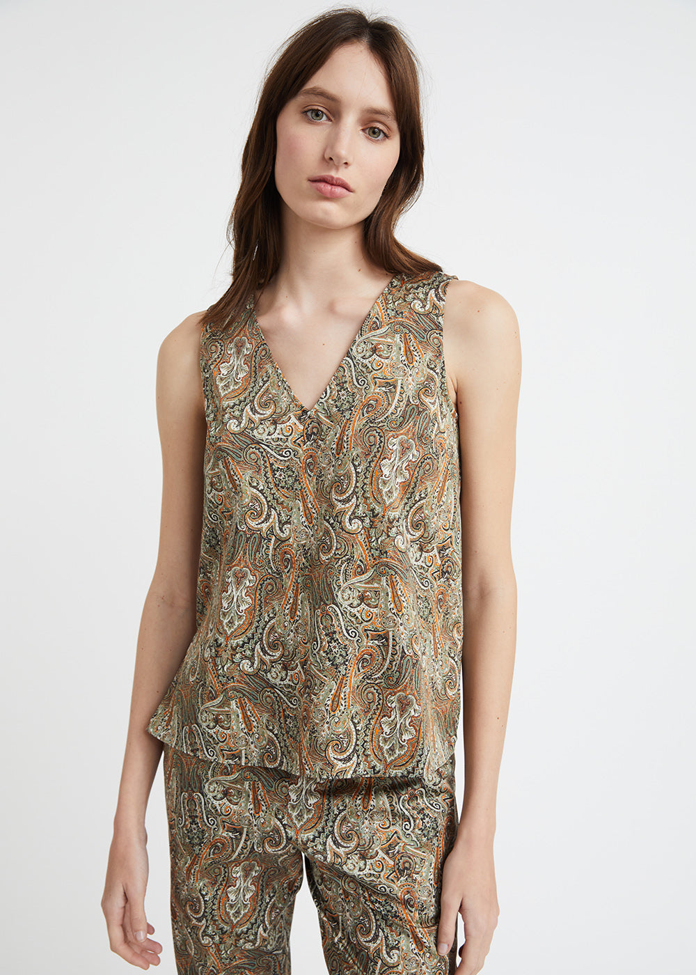 Top en coton imprimé cachemire kaki