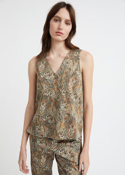 Top en coton imprimé cachemire kaki