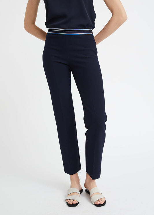 Straight navy trousers with marked pleats