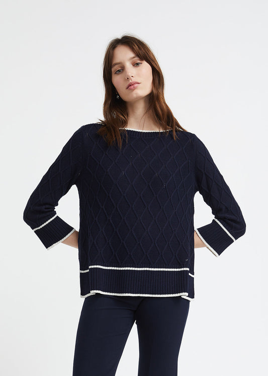 Navy boat neck silk and cotton sweater