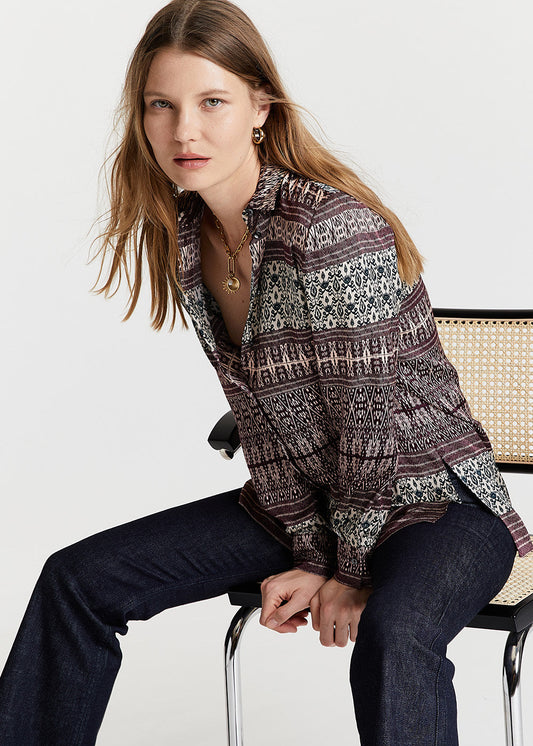 Flowing blouse in plum printed silk viscose