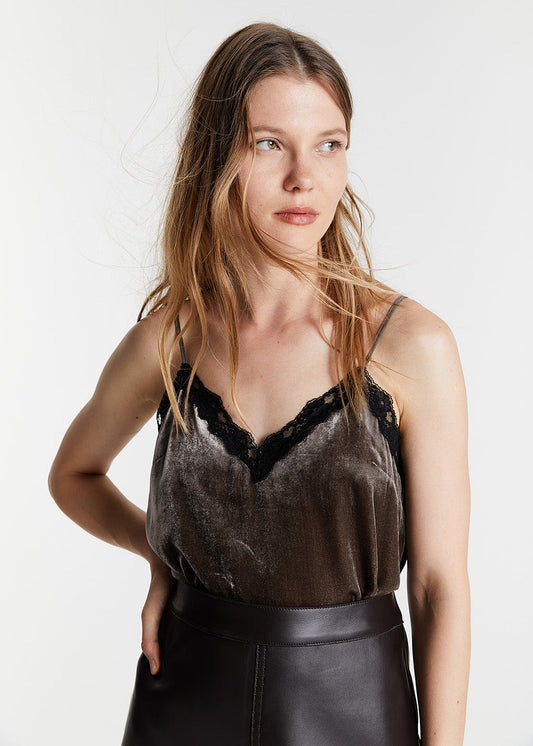 Khaki velvet and lace camisole