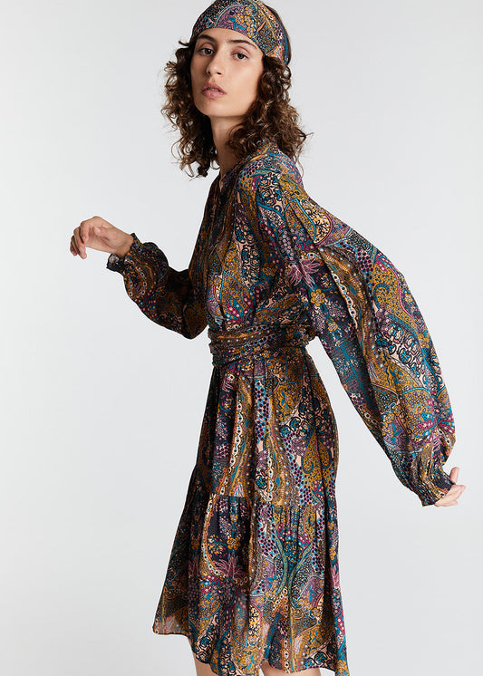 Printed dress with tone-on-tone belt